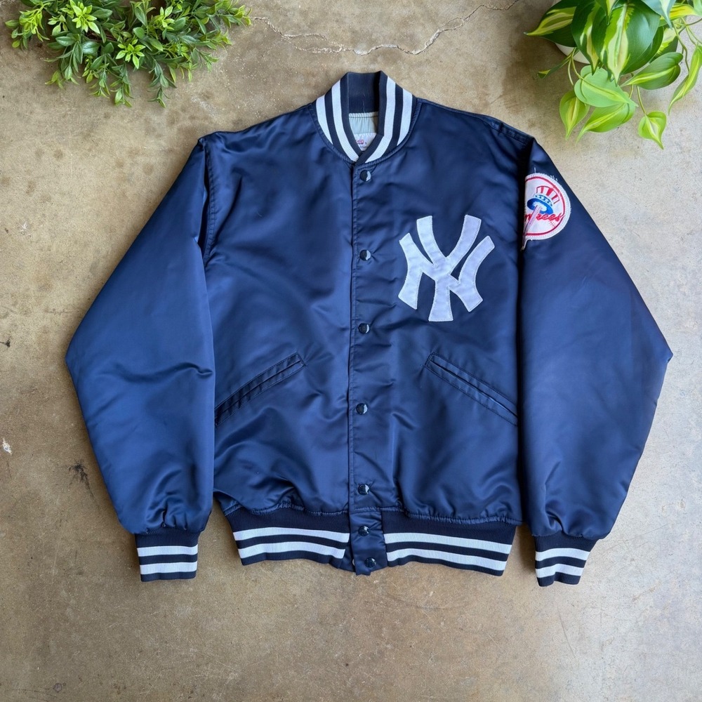 Vintage Felco New York Yankees Varsity Bomber Jacket Navy Blue Mens M MLB Satin